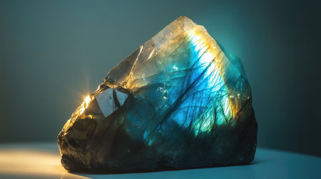 A stunning labradorite crystal exuding vibrant hues of blue, green, and gold, captured in soft light to reveal its unique textures and patterns.の素材