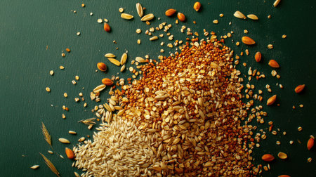 This image showcases a vibrant mix of grains and seeds on a dark green surface, highlighting textures and colors ideal for culinary and nutritional purposes.の素材