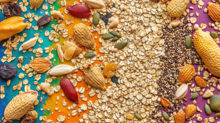 This vibrant image showcases a colorful arrangement of diverse nuts, seeds, and oats on a lively background, perfect for promoting healthy eating and nutrition.の素材