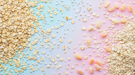 This image features a visually appealing arrangement of oats and grains on a soft pastel background. It highlights health, nutrition, and culinary possibilities.の素材