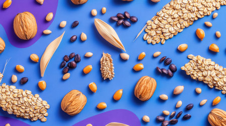 A vibrant assortment of nuts, seeds, and grains displayed in an eye-catching layout on a blue surface. Perfect for promoting healthy eating and nutrition.の素材
