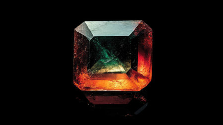 This captivating image showcases a multicolored gemstone featuring vibrant hues of green, orange, and red, elegantly displayed against a black background.の素材