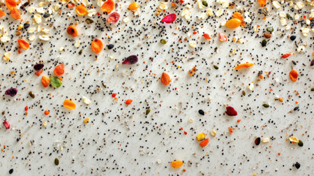 This image showcases a diverse collection of colorful flower petals and seeds scattered over a light surface, perfect for showcasing organic textures and natural beauty.の素材