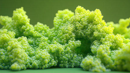 This striking image features detailed green organic forms showcasing intricate bubble patterns against a soft green background, perfect for nature-themed visuals.の素材