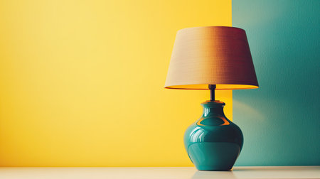 This captivating image features a stylish table lamp with a unique shade on a vibrant yellow and blue background, perfect for home decor inspiration.の素材