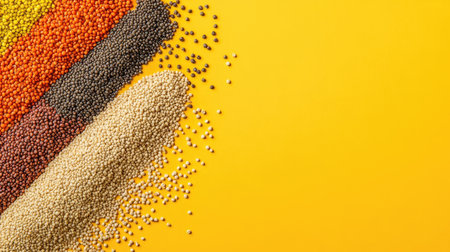 This vibrant image showcases a variety of dried seeds and grains arranged artistically on a bright yellow background, perfect for themes of nutrition and healthy eating.の素材