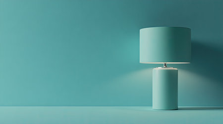 A minimalist and modern desk lamp stands on a turquoise background, casting soft light, ideal for enhancing contemporary interior aesthetics and cozy spaces.の素材