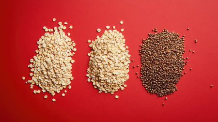 Vibrant display of raw oats and assorted seeds arranged on a vivid red surface, emphasizing health, nutrition, and wholesome food choices.の素材