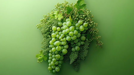 A vibrant display of fresh green grapes with lush vines set against a soft green background, symbolizing health, freshness, and organic lifestyle choices.の素材