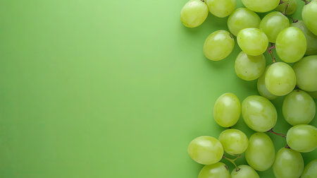 This image features fresh green grapes arranged artfully on a bright green background, ideal for promoting healthy eating, nutrition, and vibrant culinary creations.の素材