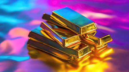 A captivating arrangement of shiny gold bars set against a vibrant and colorful background, creating an eye-catching visual effect that symbolizes luxury and wealth.の素材