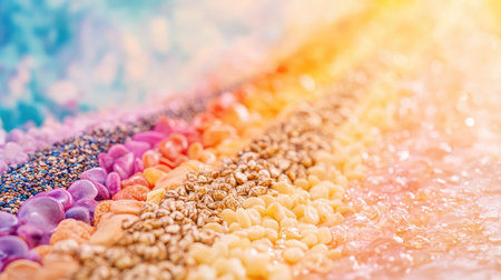 A stunning visual featuring a gradient of colorful sand, pebbles, and stones arranged in harmony, showcasing various textures under soft light, perfect for backgrounds.の素材