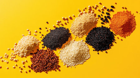 A vibrant composition of various raw grains and legumes arranged on a bright yellow background, highlighting their natural textures and rich colors.の素材