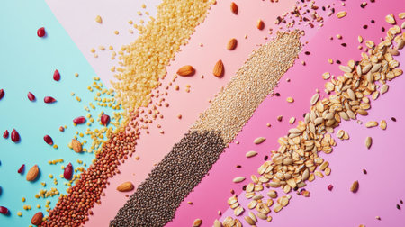 This vibrant arrangement showcases a variety of grains and nuts on a pastel background, highlighting their textures and colors, ideal for health-focused culinary projects.の素材