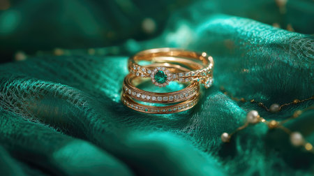 A stunning display of gold rings featuring emerald and diamond accents set against rich green fabric. The intricate design highlights elegance and luxury.の素材