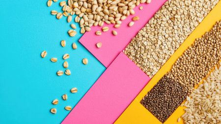 This vibrant image showcases an array of grains and seeds laid out on colorful backgrounds. Perfect for culinary and nutritional themes, highlighting healthy ingredients.の素材