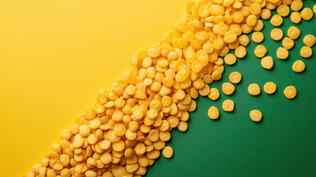 This creative food arrangement features vibrant yellow lentils spilling over a green surface, set against a bright yellow backdrop, showcasing a fresh and inviting aesthetic.の素材
