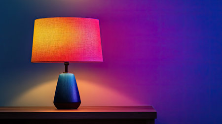 A stylish lamp with a vibrant, colorful shade sits on a wooden surface, casting a warm and inviting glow that enhances the home interior ambiance.の素材