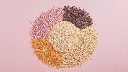 This vibrant arrangement showcases a variety of grains and seeds on a soft pink backdrop, ideal for promoting healthy lifestyle choices and nutrition awareness.の素材