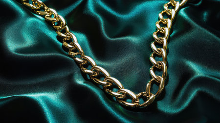 This stunning gold chain necklace rests gracefully on a sumptuous teal fabric, showcasing a blend of luxury and elegance through its intricate design and shimmering surface.の素材