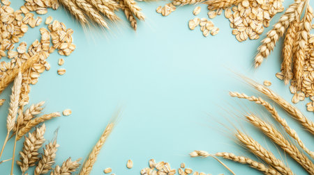A visually pleasing arrangement of wheat and oats on a soft blue background, perfect for food-related themes and agricultural projects, with ample space for text.の素材