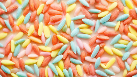 A vibrant collection of colorful sugar sprinkles in pastel shades, perfect for enhancing baked goods and desserts, creating a festive atmosphere.の素材