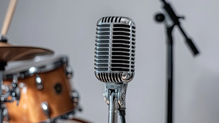 A close-up of a vintage microphone in a studio environment, highlighting its classic design alongside a drum set, perfect for music lovers.の素材