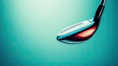 This image features a close-up view of a professional golf club head, showcasing its sleek design and reflective surface against a teal background, emphasizing precision and modern aesthetics.の素材
