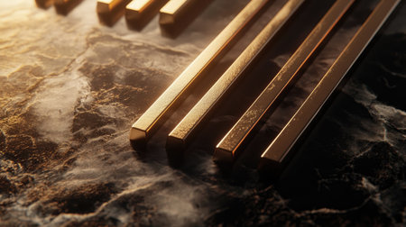 This image captures gleaming metallic bars arranged elegantly on a textured surface, reflecting warm light and creating a luxurious atmosphere. Ideal for design projects.の素材