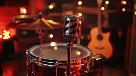 A vintage microphone stands poised above a snare drum, surrounded by warm lights and an acoustic guitar, creating an inviting and artistic music studio vibe.の素材