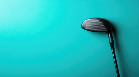 This striking image features a black golf club head set against a vibrant turquoise background, creating a modern minimalist aesthetic perfect for sports-related themes.の素材