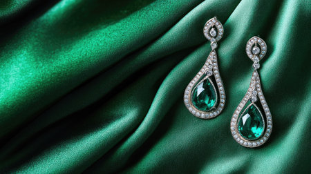 Stunning green tear-drop earrings featuring intricate silver accents, gracefully arranged on soft green satin fabric, perfect for showcasing elegance.の素材
