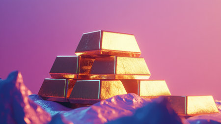 A visually striking arrangement of stacked gold bars sits elegantly on a colorful backdrop, exuding a sense of luxury and wealth. Perfect for finance-themed projects.の素材