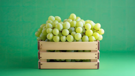 Capture the essence of health and freshness with this image of vibrant green grapes in a wooden crate, set against a lively green background.の素材