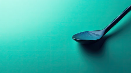 A sleek black spoon is placed on a vibrant turquoise surface, highlighting its modern design and minimalistic elegance, perfect for culinary-themed visuals.の素材