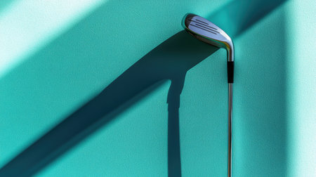 A golf club rests against a turquoise wall, casting a long shadow that emphasizes its sleek design. Natural light highlights the textures in the scene.の素材