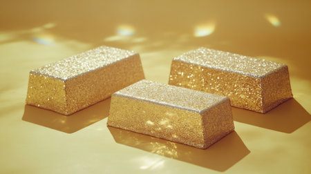 Three glittering gold bars rest on a shimmering golden surface, casting soft shadows while reflecting warm light, symbolizing wealth and luxury.の素材