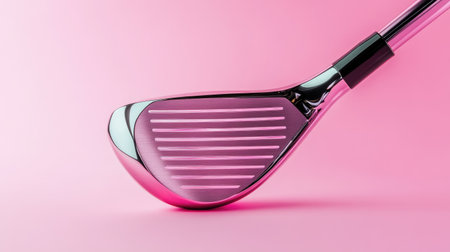A stylish golf club rests against a soft pink background, displaying its sleek design and polished finish, perfect for sports and lifestyle content.の素材