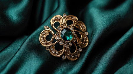 This stunning vintage brooch features a vibrant emerald centerpiece surrounded by sparkling diamonds, elegantly set against soft green satin fabric, showcasing luxury and sophistication.の素材