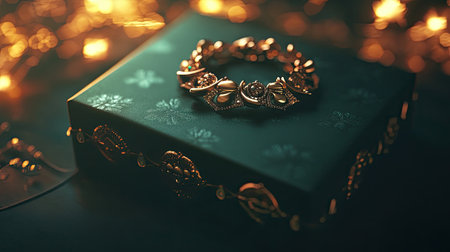 This stunning image showcases a beautifully wrapped gift box adorned with intricate jewelry, set against a soft glowing background, perfect for celebrations.の素材