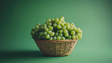 A stunning arrangement of fresh green grapes presented in a woven basket against a bold green backdrop, perfect for health and nutrition themes.の素材