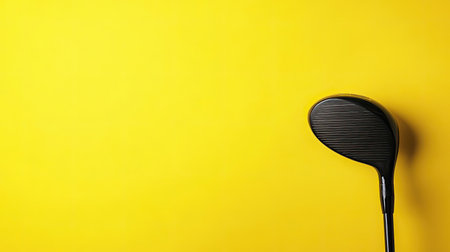 Close-up view of a golf club head set against a bright yellow background, ideal for projects related to sports, recreation, and lifestyle themes.の素材