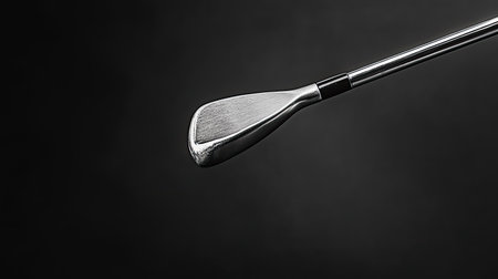 A striking close-up of a golf club head exhibits polished metal and intricate details against a dark background, emphasizing its craftsmanship and design.の素材