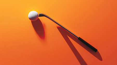 This vibrant image showcases a golf ball and club positioned on a bright orange surface, highlighting unique shadows and an energetic feel of sports and recreation.の素材