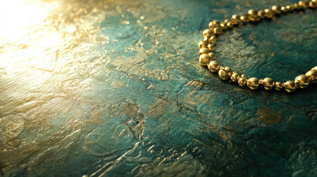 A stylish gold beaded necklace rests on a beautifully textured blue and gold surface, illuminated by soft light, creating an exquisite jewelry display perfect for fashion and elegance.の素材