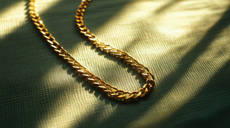 This photo captures a stunning golden chain necklace resting on textured green fabric. Soft light and shadows create a captivating visual effect that highlights the jewelry's elegance.の素材