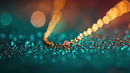 A stunning close-up of an elegant gold necklace featuring a beautiful gemstone centerpiece, set against a vibrant and sparkling background. Perfect for showcasing jewelry designs.の素材