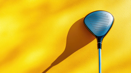 A sleek blue golf driver club rests against a vivid yellow background, casting a striking shadow. This image captures the essence of sport and leisure.の素材