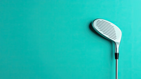 A close-up image of a sleek golf club head against a bright aqua backdrop. Ideal for showcasing sports equipment in marketing materials or fitness themes.の素材