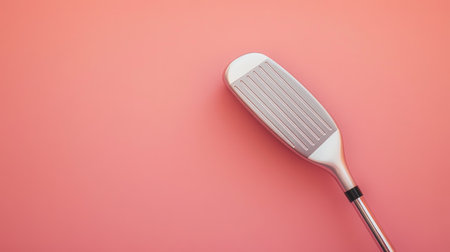 A close-up image of a silver golf club head positioned on a soft pastel pink background, ideal for sports enthusiasts and visual themes in recreation.の素材